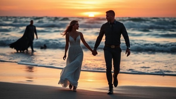 Wedding couple with surprise Batman visit on beach during sunset.