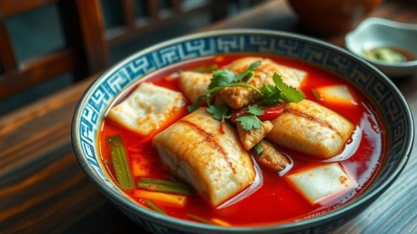Aromatic spicy dish in Utah, vibrant red broth with fish fillets.