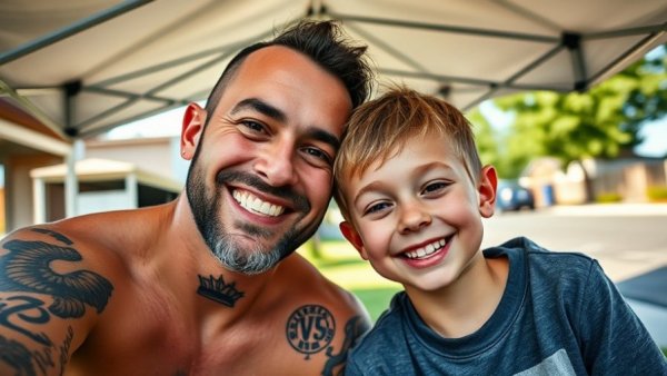 Smiling man and boy outdoors under tent, casual setting