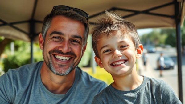 Casual outdoor scene with man and boy smiling under tent.