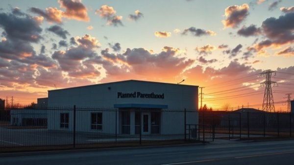 Planned Parenthood building with fence at sunset, Medicaid funding cuts.