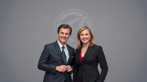 Professional news anchors standing in a studio with a logo backdrop.