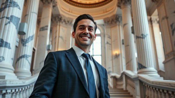 Confident man in a marble stairwell, representing Trent Staggs' challenge.