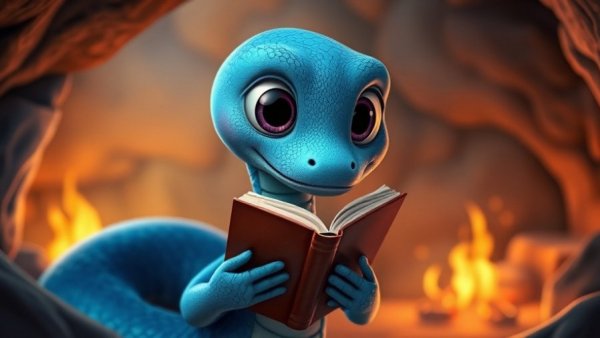 Animated snake holding a book in cozy cave, PG-rated movie scene.