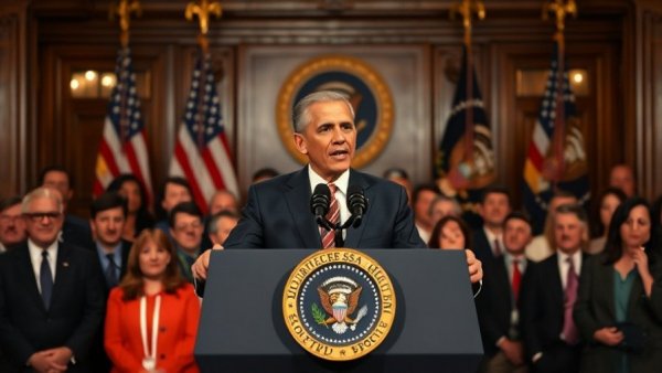 Political figure speaks after U.S. strikes Venezuela, photorealistic.