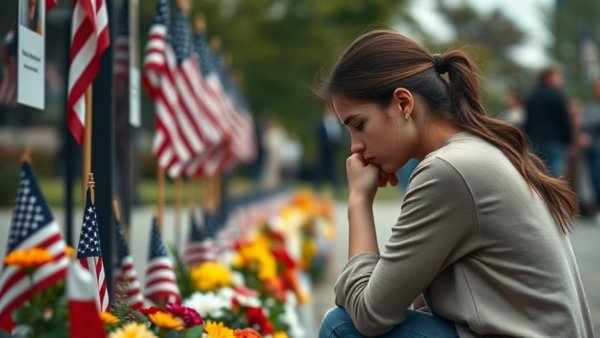 Somber young woman kneeling at a memorial with flags.