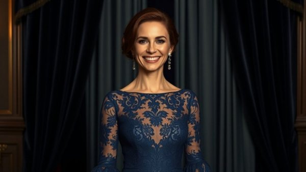 Elegant woman in blue gown at luxurious event.