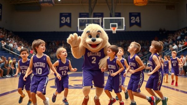 Kids and mascot playing on jazz-themed basketball court Salt Lake City.