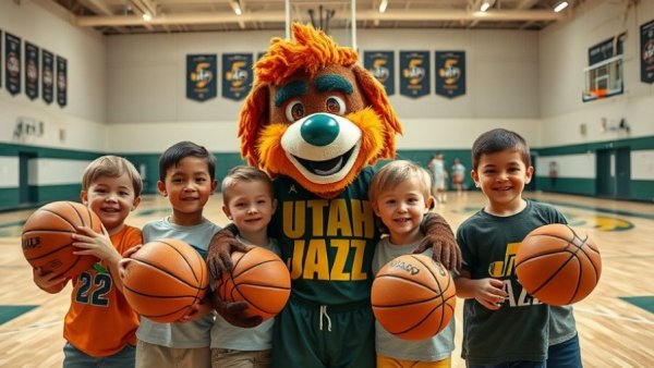 Kids playing at Utah Jazz-themed basketball court with mascot.