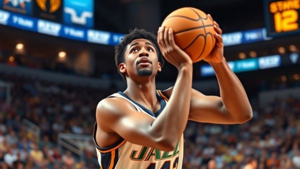 Utah Jazz player shooting basketball in a crowded arena.