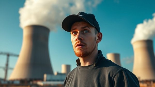Surprised man in front of a nuclear power plant, discussing nuclear power in Utah's future.