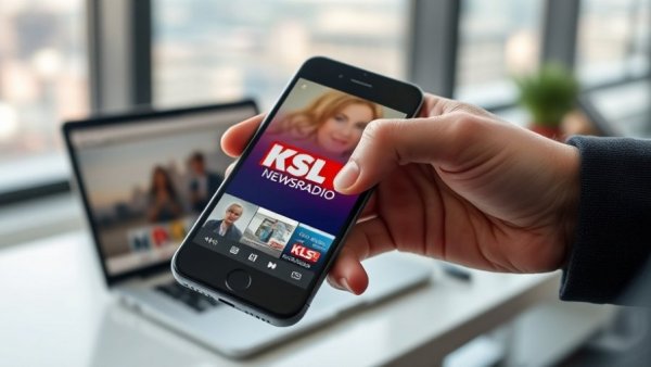Hand holding phone with KSL Newsradio app in Salt Lake City setting.