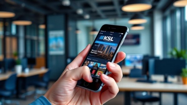 Close-up of a hand with a smartphone showing KSL NewsRadio app in an office, local community stories Salt Lake City.