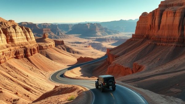 Canyonlands Tragedy: Vehicle on winding canyon road, scenic view