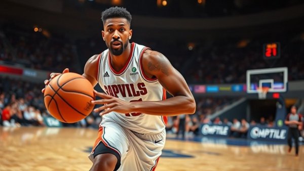 Basketball player in action on the court with a focused expression.