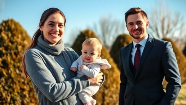 Woman holding baby and man in suit outside, clear sky