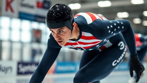 Casey Dawson in USA suit practicing indoors for Olympics, focused and intense.