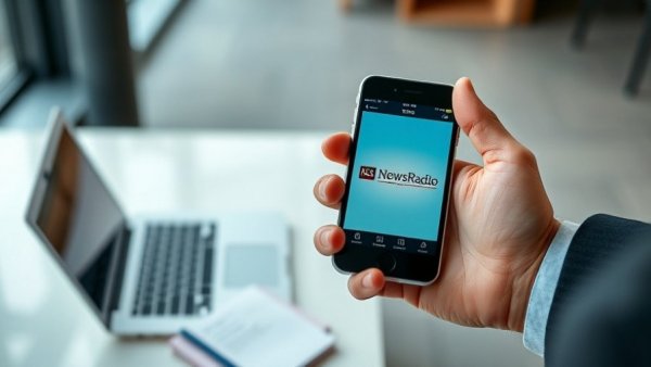 Utah's Morning News highlights community spirit through KSL NewsRadio app in a modern office.