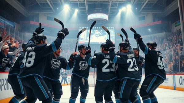 Hockey team celebrates victory with fans in arena.