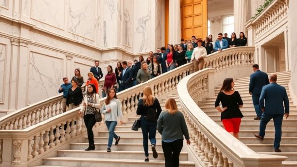 Inside Utah North Capitol Building, people on marble staircase.