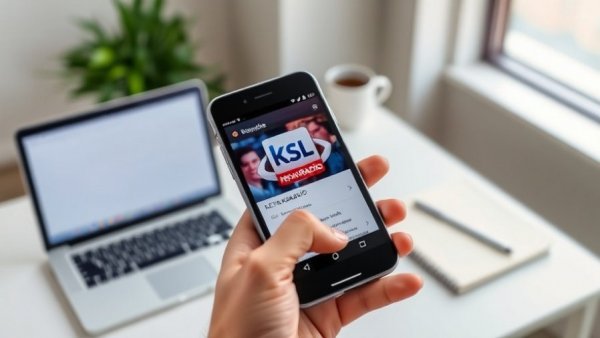 Hand holding smartphone with KSL app in office, Salt Lake City community initiatives.