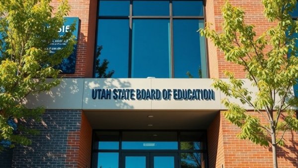 Entrance of Utah State Board of Education building, official signage visible.