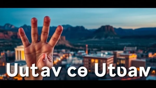 Man holding ten fingers in front of Utah cityscape, top 10 graphic.
