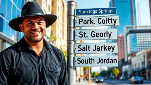 Smiling man by Utah city signs, best city to live in Utah 2026.