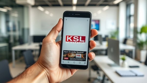 Hand holding smartphone with KSL NewsRadio app in modern office, highlighting importance of local community news.