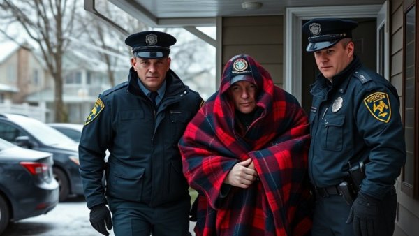 Law enforcement escorting man from home during ICE operation in snowy Minnesota.