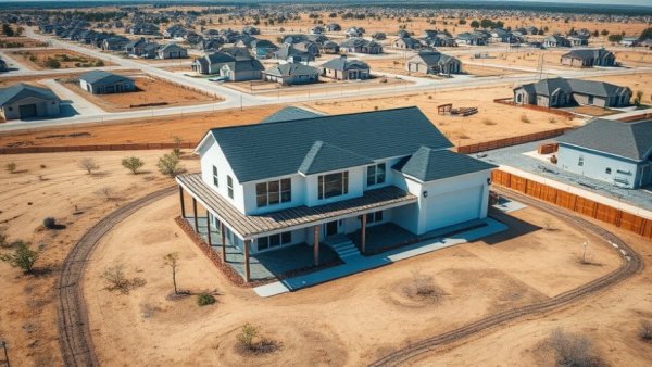 Aerial view of a modern home in Utah's suburban landscape.