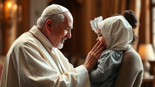Papal figure gently blesses child in warm, compassionate scene.