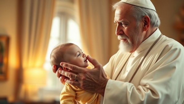 Pope Leo XIV gently blesses a child during Board of Peace Invitation, warm indoor setting.