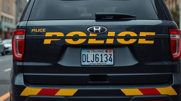 Police vehicle with Utah license plate in urban setting.