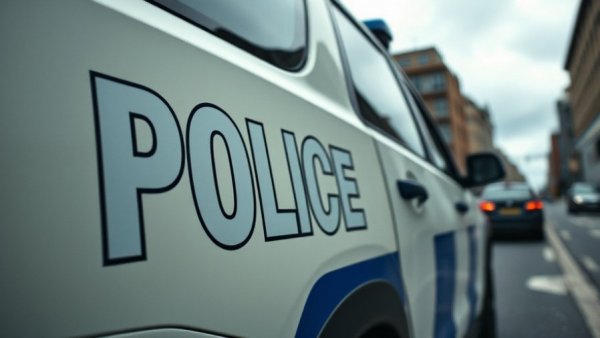 Police vehicle, rear view showing 'POLICE' text, overcast street.