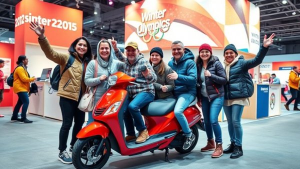 Winter Olympics excitement at a themed exhibit with visitors posing on a scooter.
