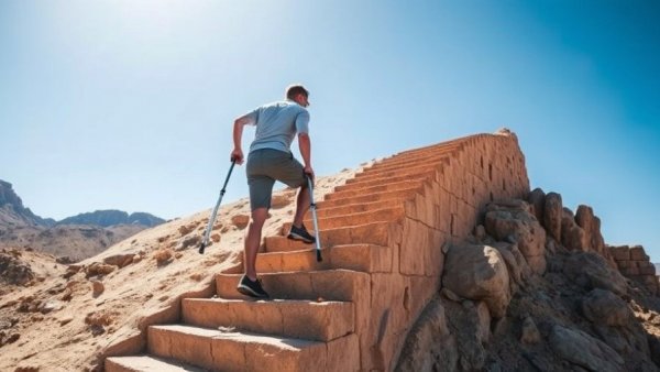 St. George man climbs stairs with one leg using crutches in desert setting.