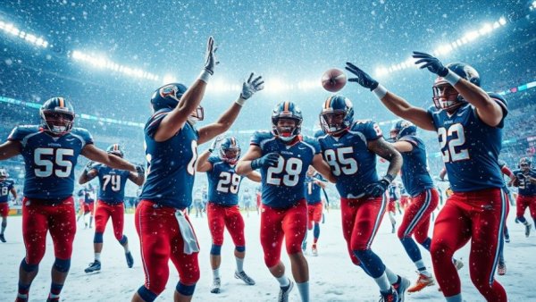 Celebrating football players in snowfall during Super Bowl LX.