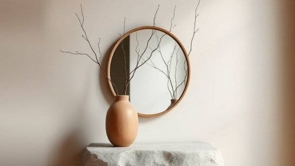 Elegant organic modern home decor with mirror, vase, and stone pedestal.