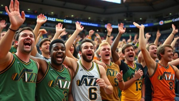 Hardcore Utah Jazz fans energetically cheering in stadium.