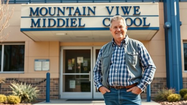 Eastern Idaho science teacher in front of Mountain View Middle School.