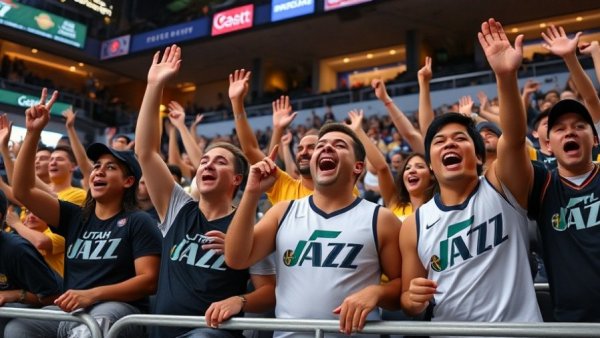South American Jazz fans cheering at Utah stadium, vibrant scene.