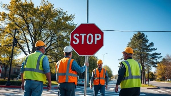 Construction workers at Sandy intersection with new stop sign and LED lighting.
