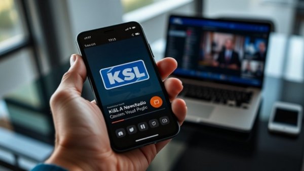 Salt Lake City community stories KSL NewsRadio app displayed in hand in an office.