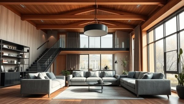 Modern canyon home design Salt Lake City with sleek lounge area featuring a gray sectional and wooden accents.