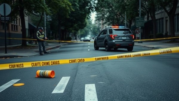 Crime scene investigation with police vehicle and evidence markers.
