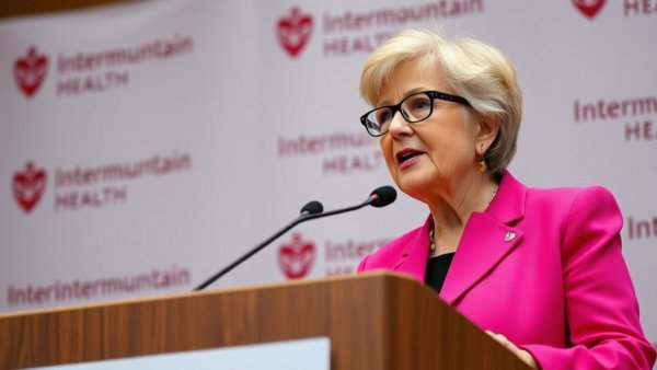 Professional woman speaking at Intermountain Health conference on organ transplants.