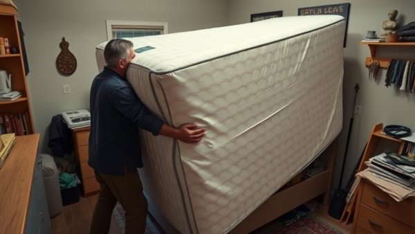 Person handling vacuum-sealed mattress on bed frame in a cluttered room.