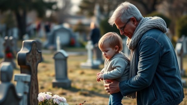 Family visiting cemetery after pregnancy, photorealistic scene