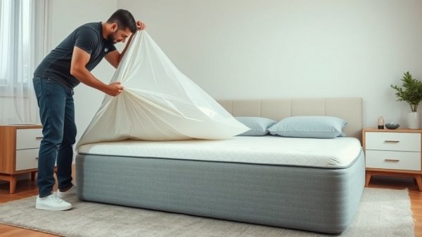 Vacuum-sealed mattress being unpacked in a modern bedroom.
